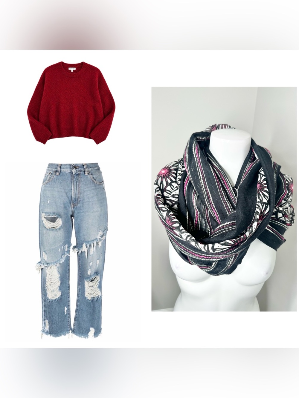 Cato Black white & burgundy Infinity Scarf - preloved